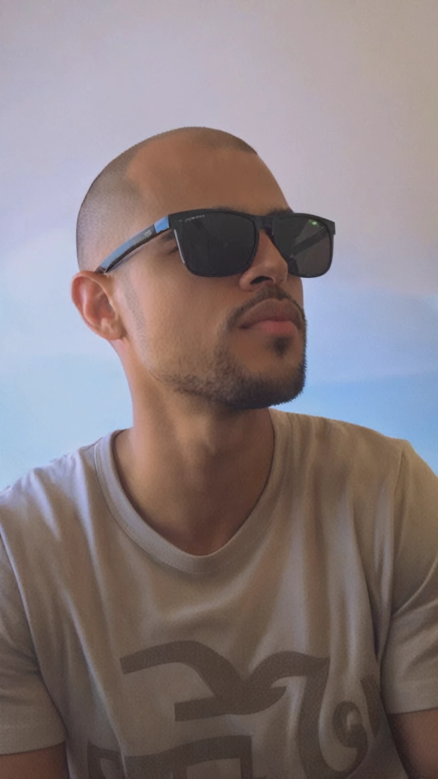 arafed man with sunglasses his face and a shirt on, wearing sunglasses, profile pic, bryce style 3 d, inspired by Carlos Berlanga, looking to the side of the camera, perfectly shaded face, clean-shaven face, usando sunglasses versace, looking very cool and stylish, sunglasses, com sunglasses, cool guy, wearing sunglasses