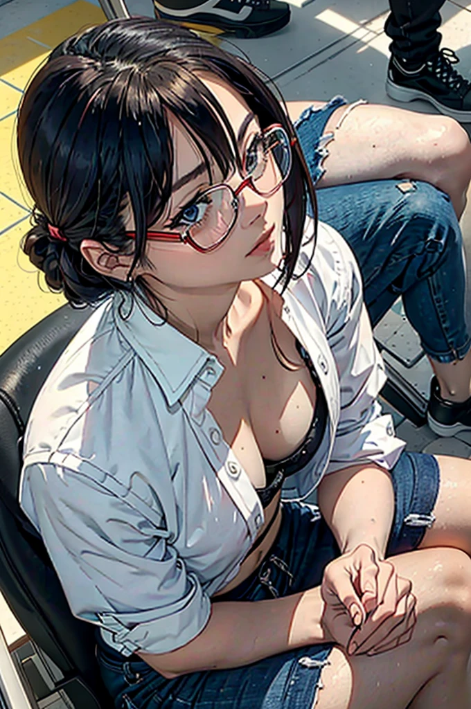 There is a woman sitting on the floor with her legs crossed..., Wearing glasses, Wearing square glasses, Young Sensual Gravure Idol, Provocative,((Beautiful Skin)),((Skin Texture)),((Real Touch)), healthy, unreddish skin,
