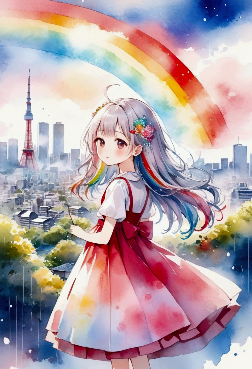 8K resolution, ((top quality)), ((masterpiece)), ((super detailed)), (((Watercolor style))), rain, 👸, rainbow, winered dress, silver long hair style, diamond hair ornament, Watercolor style, A pastel-colored view of the world, Tokyo cityscape