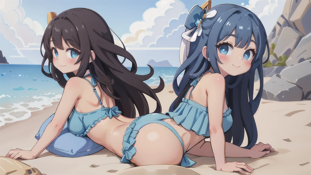 score_9,score_8_above,score_7_above, Miku, light smile,Alone, long blue fur, medium chest, wearing a sexy blue ruffled bikini, resting in the sand, back view, looking back,