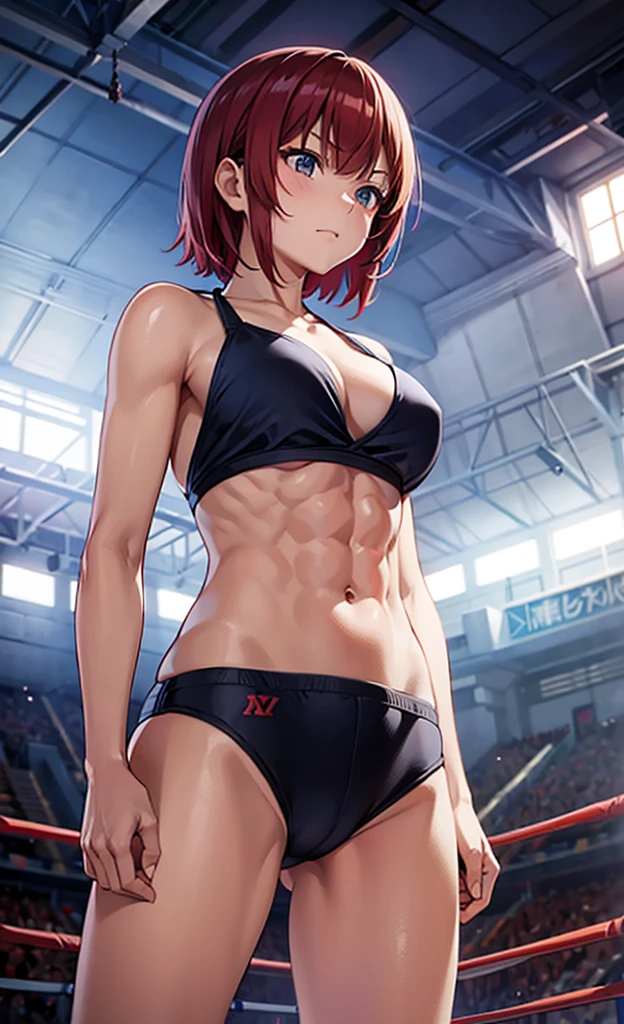 masterpiece, best quality, ultra detailed, ultra high resolution, very detailed face, solo, ((anime)), ((from below angle)), (( japanese girl)), (((look away:1.3))), (((tanktop, bikini))), (((crimson bob hair))), (((six pack abs:1.16))), (((medium breast))), ((bad mood)), ((bare hands)), in the boxing ring