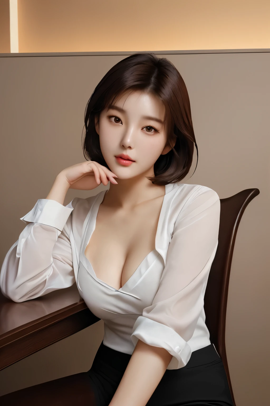 a close up of a woman with a white shirt and a brown chair, gorgeous young korean woman, beautiful south korean woman, korean girl, cleavage, beautiful asian girl, sexy look at the camera, highly realistic. live cam, beautiful young korean woman, with short hair, young and cute girl, she has a cute face, thick neck,