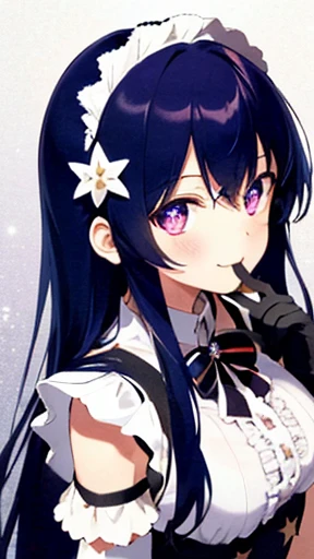 One Girl, (Ultra_detailed), (Depth of written boundary), Love , gloves, Mouth closed, Long Hair, star (symbol), View your viewers, (Rainbow Hair ), Purple eyes, Upper Body, hair ornaments, :p, Frills, Maid dress, smile, No sleeve, Maid, symbol pupils, fringe, star pupils, Maid caffe, Roaring years, Isoscale, From above, null, flower, cliff, Large Breasts, (Folded), (With low-cut top), Maid, city, Tokyo
