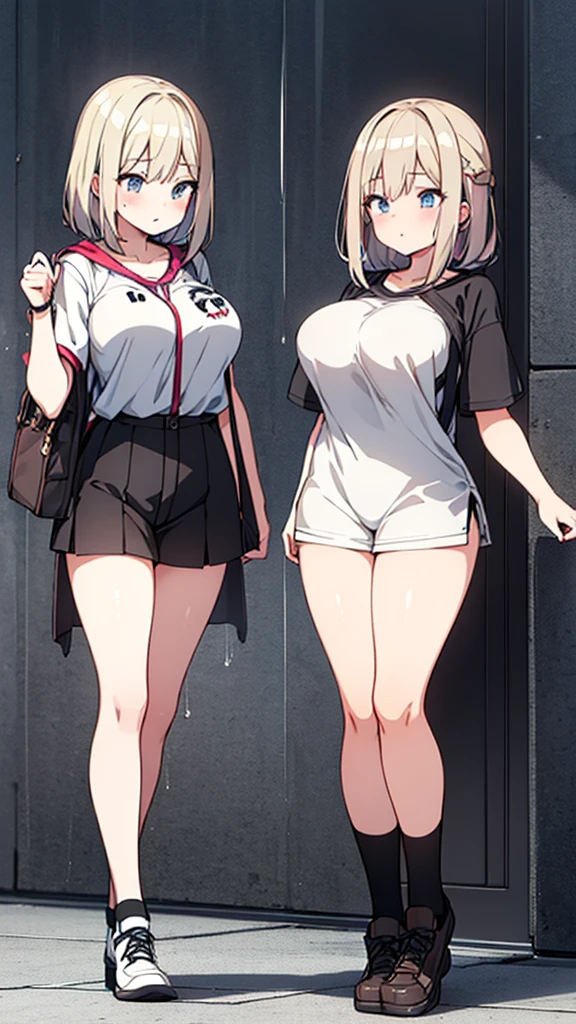 Full body image, front, One girl, 18-year-old, Mix 4, (32K, RAW Photos, Highest quality, masterpiece:1.2), (Anime-like, photoAnime-like:1.37), cute, Short sleeve T-shirt,Shorts,Black knee socks, night, rain, Humidity, Professional Lighting, Photon Mapping, Radio City, Physically Based Rendering, Super Resolution, (Big Breasts:1.2), {{The biological weapon that had preyed on the younger sister took her place and reunited with the older brother, The rebellious little sister has become the obedient little sister}}, Girl Skull, whole body, NSFW