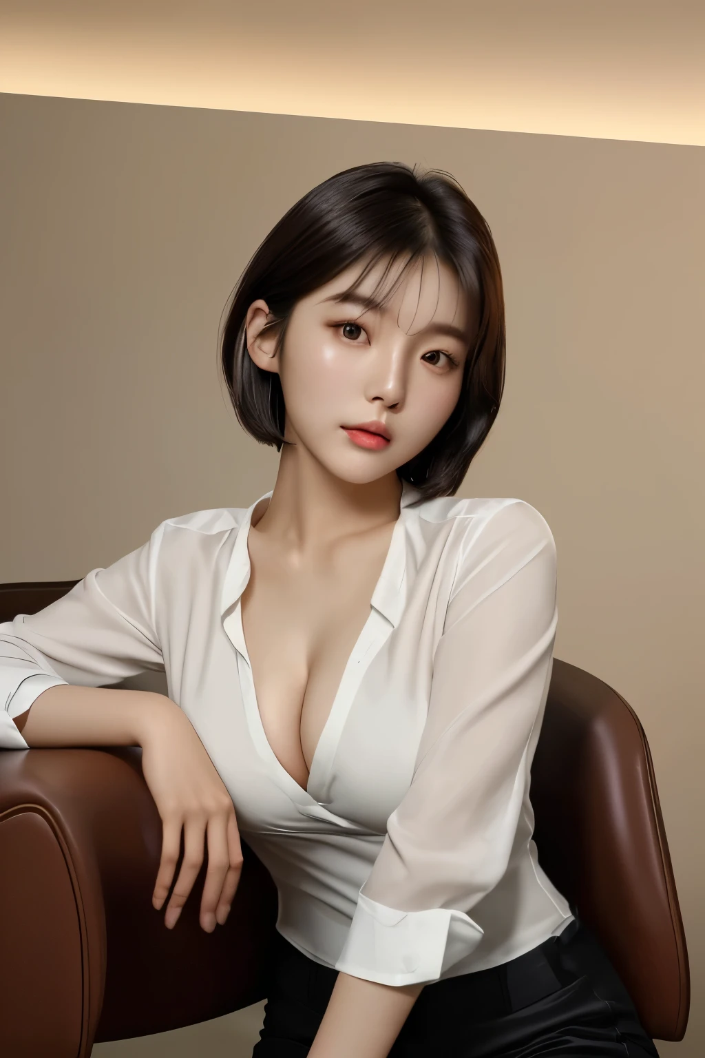 a close up of a woman with a white shirt and a brown chair, gorgeous young korean woman, beautiful south korean woman, korean girl, cleavage, beautiful asian girl, sexy look at the camera, highly realistic. live cam, beautiful young korean woman, with short hair, young and cute girl, she has a cute face, thick neck,
