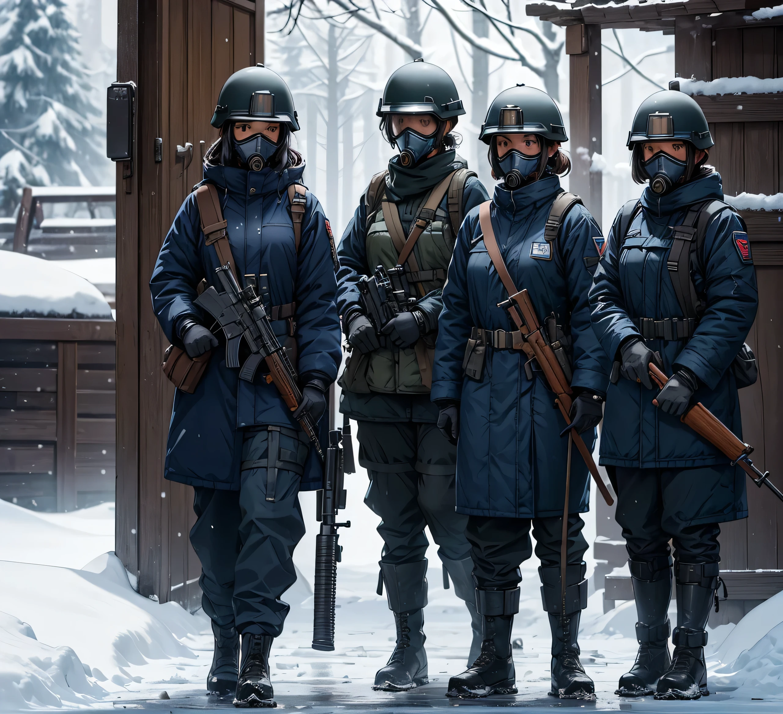 A group of female soldiers all wearing dark blue thick coats、Wear a steel helmet、Gas Mask、Goggles、Standing guard with gun、Snow Camp、masterpiece、best quality、Highly detailed CG、8K picture quality
