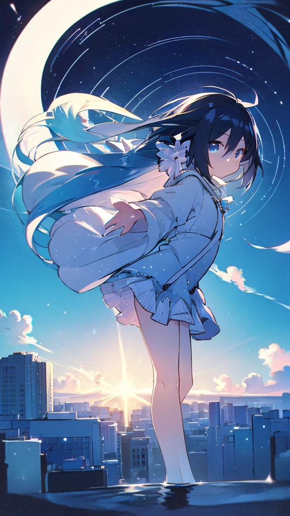 Seven-doppelganger shot，Anime style 4K,High quality anime art style，Standing painting，Splash ink background，Blue Themes、Pure white background,Buildings,Buildings,Moon and sun、Shining Star々,milky way,Facing forward,Clear eyes and nose,cute,beautiful,Thin legs,standing by the water, black hair, Blue eyes, girl, bob, front, cute,Long Hair,Whale flying in the blue sky,Buildings,whale,Black Hair,future,sunset,profile,Long legs,キラキラエフェクト, 