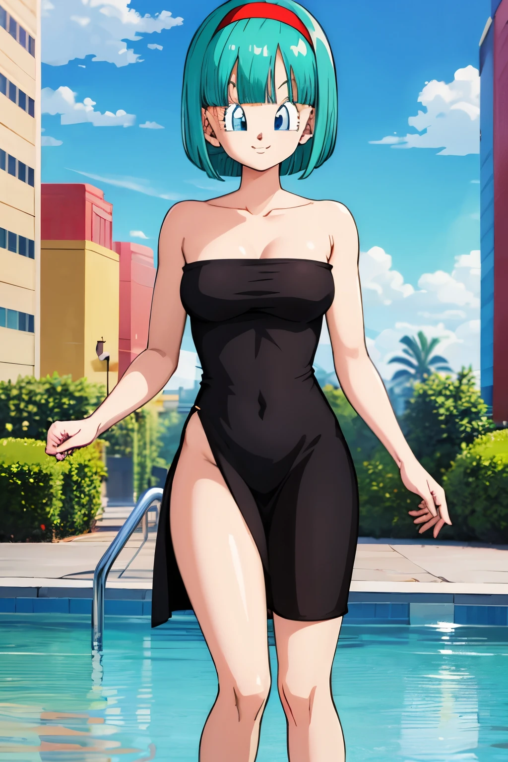 Highest quality, High resolution, smile, (Bulma Dragon Ball), 1 woman, chest, smile, Short (Aqua Hair: 1.3), Bobcut, blue eyes, Red Hairband, Little black dress, Strapless Dress, Exposing shoulders, bare collarbones, Thighs, Skin tight dress,  see through dress, black transparent dress with translucent cloth, translucent silky dress, dress erect nipples,View your viewers, standing, Open your mouth, outdoors, poolsaide