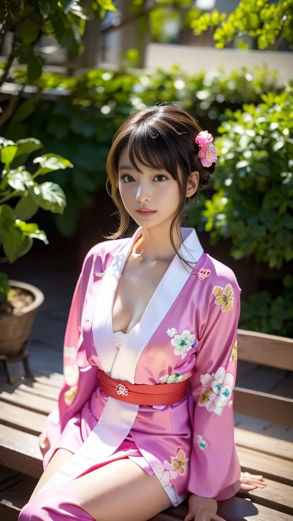 masterpiece, Highest quality，16K, Ultra-high resolution，The light and shadow of reality，Cinema Lenses，((Her waist is so slim and beautiful)),((High nose、Small Mouth)),((Clean and slim face line)),((Big dark eyes with long eyelashes)),((Very small face))((Very slim and beautiful arms)),((She is very slim and has a great figure)),((Pure white beautiful skin)),((Cute Japanese Girls)),(((Wearing a bright pink kimono、yukata))),((Sitting on a bench in a stylish cafe)),(Beautiful Eyes:1.1)，Reflecting clear eyes and a gentle smile,