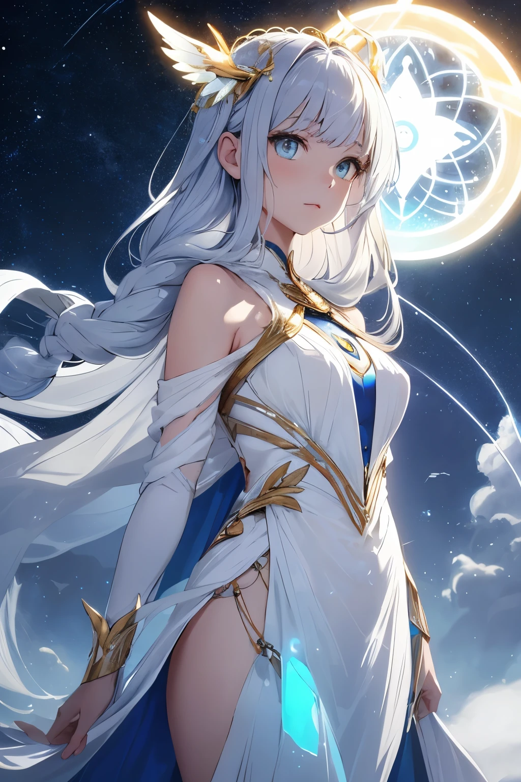 Luna-7, the Celestial Guardian

Weapon of Choice: Celestial Bow and Arrow

Hair Color: Glowing silver strands, styled in ethereal braids

Skin Color: Translucent with celestial patterns glowing softly

Body Type: Android with graceful and elegant features

Eye Color: Luminescent sapphire blue

Accessories: Celestial circlet enhancing her connection to cosmic energies, floating halo of light

Clothes: Flowing robes made of energy strands woven together

Clothes Color: Celestial hues of silver, gold, and shimmering blues

Height: 5'9"

Age: Appears ageless, created 100 years ago

Planet: Celestia

Race: Celestial Android (Created to protect celestial artifacts)