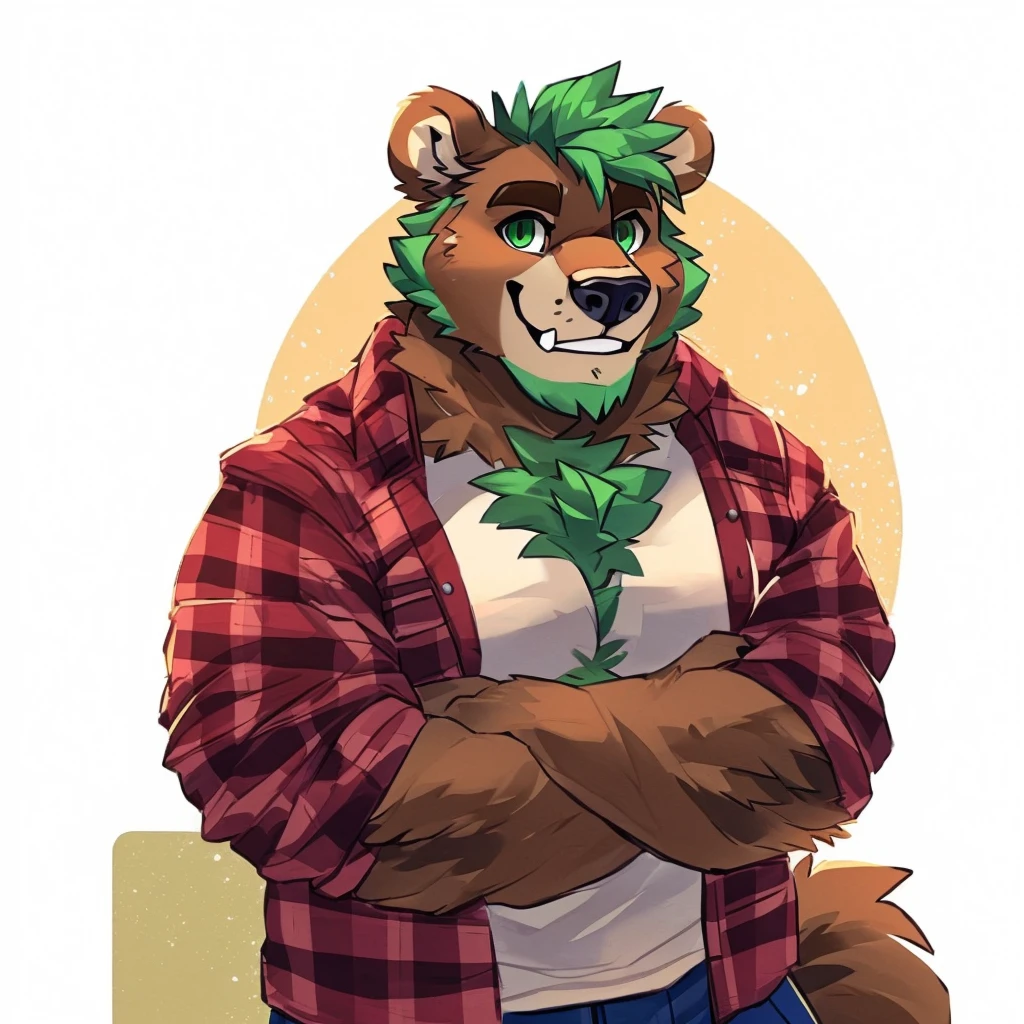 a sexy, caramel brown colored fur and hyper muscular, cute face, grizzly bear, green hair, green eyes, closed smile, bara body, he's a daddy bear, dressed a red and blue lumberjack jacket, high quality furry art.