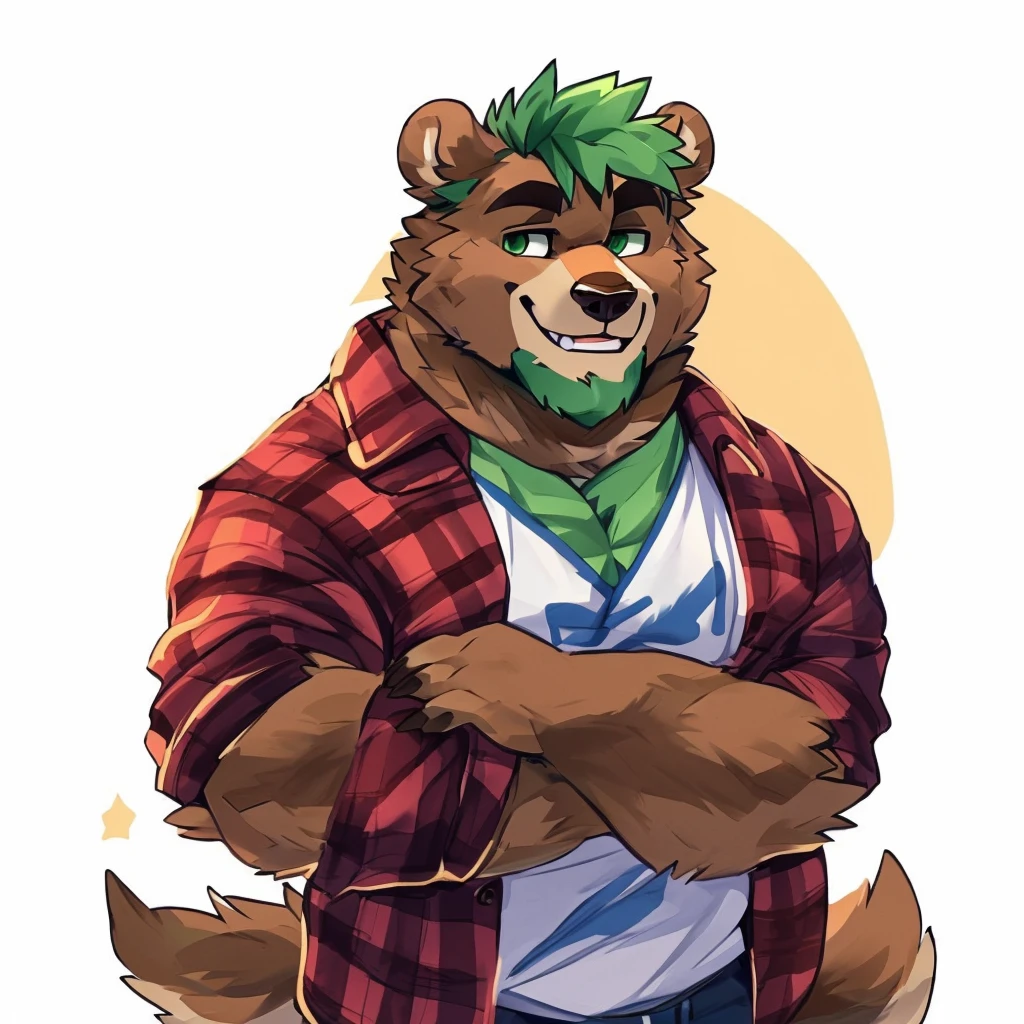 a sexy, caramel brown colored fur and hyper muscular, cute face, grizzly bear, green hair, green eyes, closed smile, bara body, he's a daddy bear, dressed a red and blue lumberjack jacket, high quality furry art.