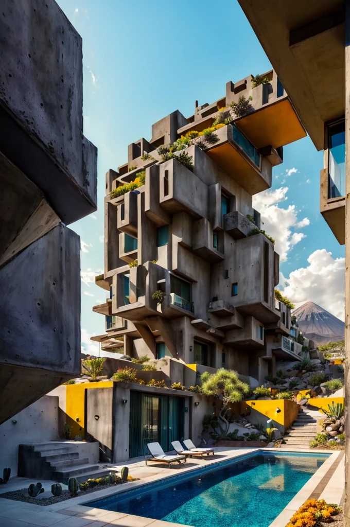 An illustration in collage style, with giant boulders, brutalist building sections, terraces, stairs, cacti, agave, concrete texture, multiple geometric shapes, hatch and cross hatching, planet saturn, volcano, moon, Luis Barragán's architectural style build, milky way galaxy, violet, one motorcycle, An illustration in collage style, with giant boulders, brutalist building sections, stairs, cacti, agave, concrete texture, multiple geometric shapes, hatch and cross hatching, planet saturn, volcano, moon, Luis Barragán's architectural style build, reflective pool, terraces. An elegant and modern build, in top of big boulders, with terraces, materials concrete, wood, steel and crystal, various gardens with tropical vegetation, cacti and rocks, stairs, a pool. In middle of sea, a big wave near, sunset, mountains and a volcano in the horizont, cute islands around, illustration format, cute color palette, detailed, masterpiece, award-winning work, clouds, Illustration, a garden with abundant cacti, ((various organic sculptures)), ((big rocks)), (((multiple sections))), collage style, detailed, (((color palette (olive green), (Mustard orange), cool grey, ((blue)), black and white))), (((a lot Luis barragán's architecture style builds))) big clouds, volcano in horizon, stairs, in the desert. ((masterpiece, best quality)),illustration,ultra detailed 8k, ((Ori Toor visual style)),soviet, megabuildings, megastructures, buildings, organic steel sculpture