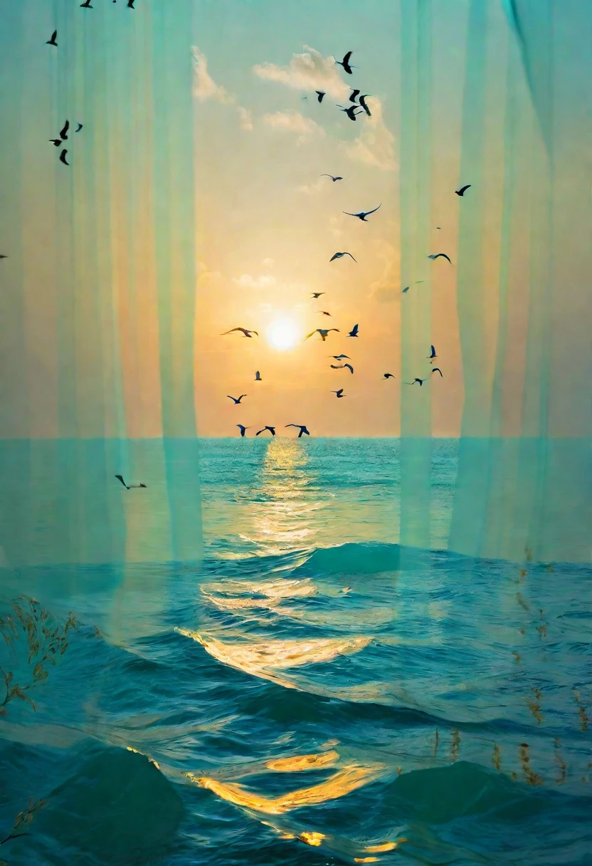 The ocean takes up half of the picture，Light blue ocean，Light海洋，Golden light and shadow，Light，Light，There are birds swimming in the sea，The whole atmosphere is relaxed，The color of the sea is very pale，Tiffany blue water，The sea is rough