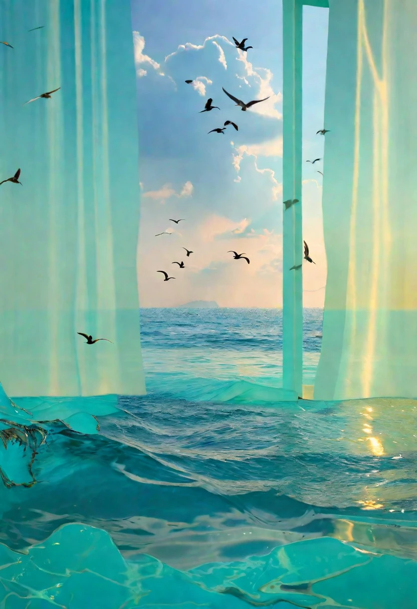 The ocean takes up half of the picture，Light blue ocean，Light海洋，Golden light and shadow，Light，Light，There are birds swimming in the sea，The whole atmosphere is relaxed，The color of the sea is very pale，Tiffany blue water，The sea is rough