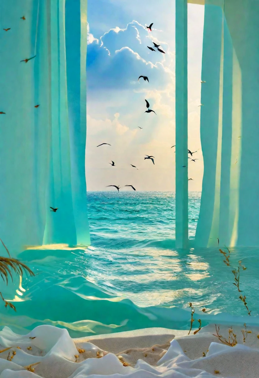 The ocean takes up half of the picture，Light blue ocean，Light海洋，Golden light and shadow，Light，Light，There are birds swimming in the sea，The whole atmosphere is relaxed，The color of the sea is very pale，Tiffany blue water，The sea is rough