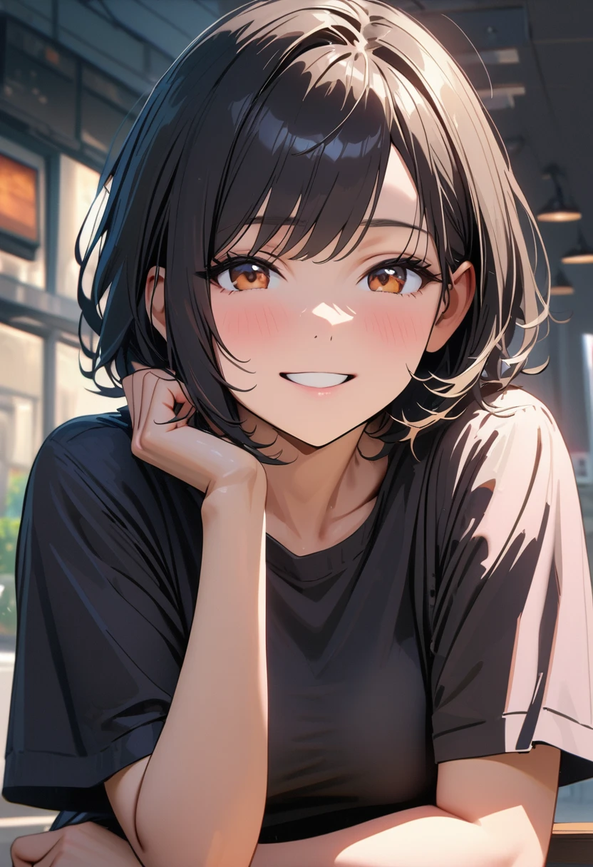 ((45 years old)) ,modern, Verism, masterpiece, ((super detail:1.3)), best quality, 4K , A woman, black hair, short hair, light smile, happy