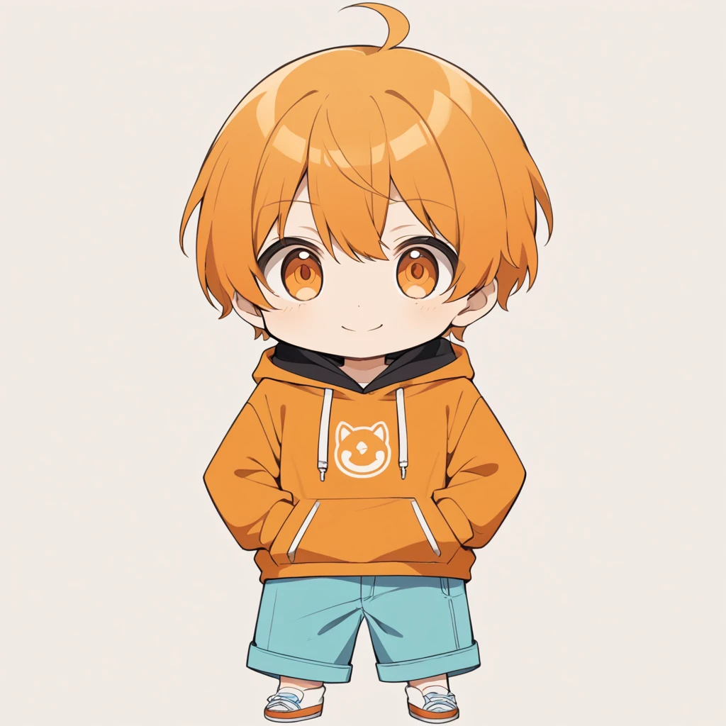 Orange Hair, Orange eyes,short hair,smile, a bit,maleの子一人,a bitキャラ,anime,whole body,mini,male,小さいmaleの子,hoodie,,piece