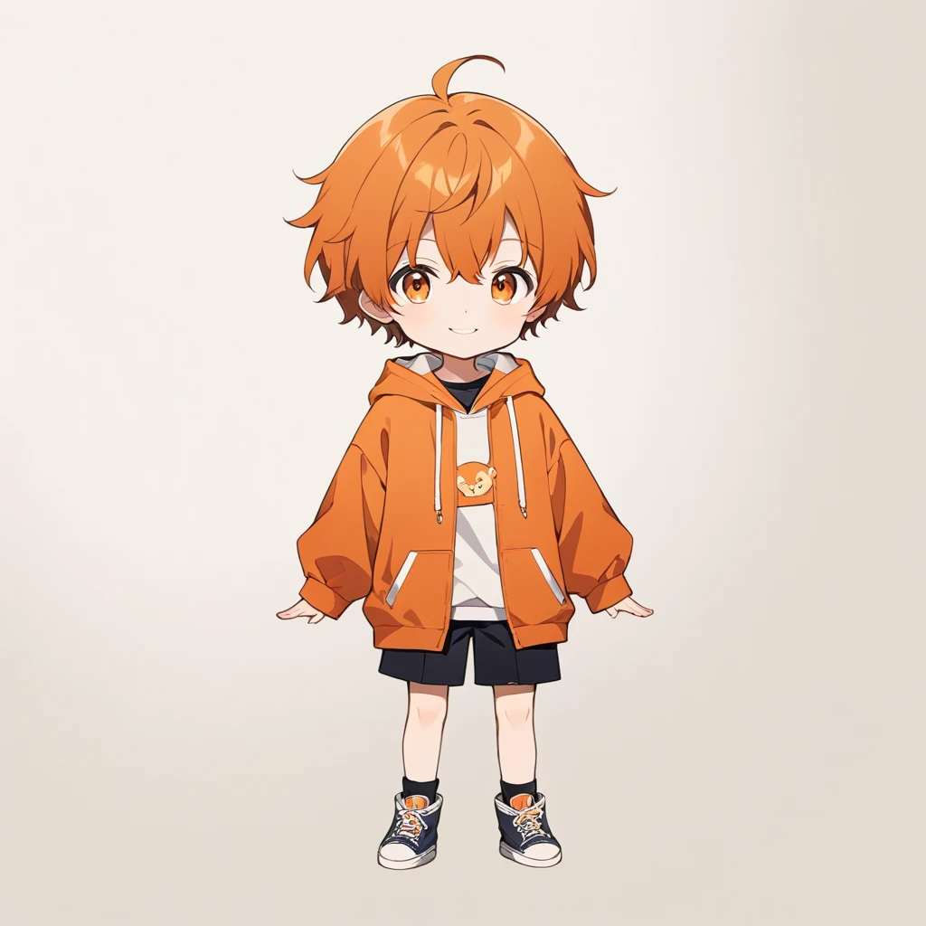 Orange Hair, Orange eyes,short hair,smile, a bit,maleの子一人,a bitキャラ,anime,whole body,mini,male,小さいmaleの子,hoodie,,piece