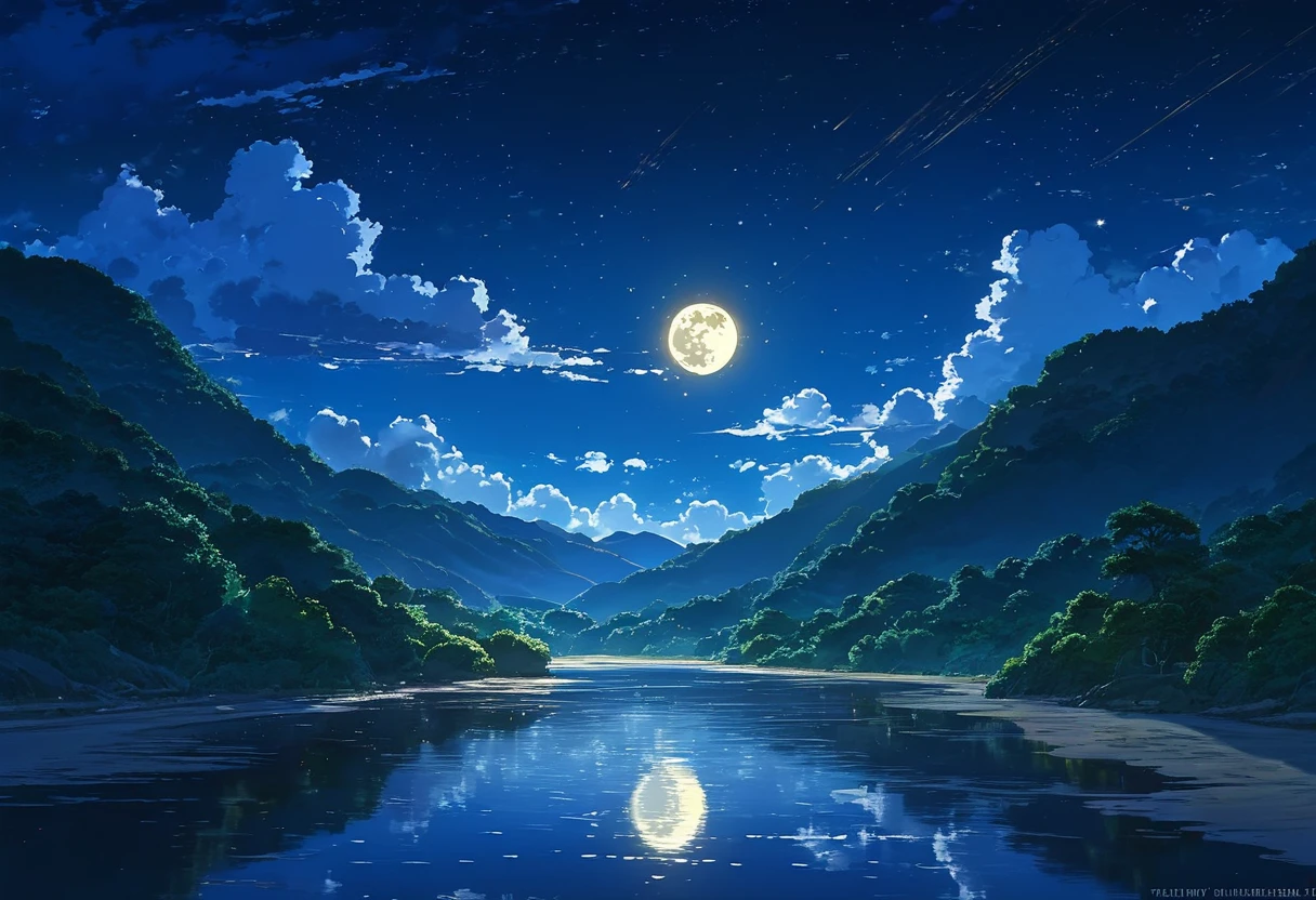 River Painting, Stars and Moon in the Sky, Bright colors, by makoto shinkai. Concept art inspired by Tosa Mitsuoki, pixiv Contest Winner, Highest quality, Fantasy art, Beautiful anime scene, Golden Moon, No humans, Starry Sky, scenery, cloud, Shine, the scenery of night landscapes, Mountain, Rivers. Bright Moon, Starry Sky environment under the moonlight, Dream Painting, Anime Background art, Fantasy Landscape Painting, A dreamlike night, Anime Background, Background artwork, Dreamy Art, Atmospheric anime, Starry Sky, Detail enhancement.High resolution,reality,Emotional,high resolution,8k