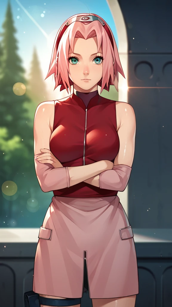 score_9,score_8_up,score_7_up,score_6_up,score_5_up,score_4_up BREAK skinny,choker,medium breasts,detached sleeves,outdoors,forest,shiny skin,bokeh,bloom,indoors,light particles,castle,space,1girl,haruno sakura,pink hair,short,hair,green eyes,forehead protector,