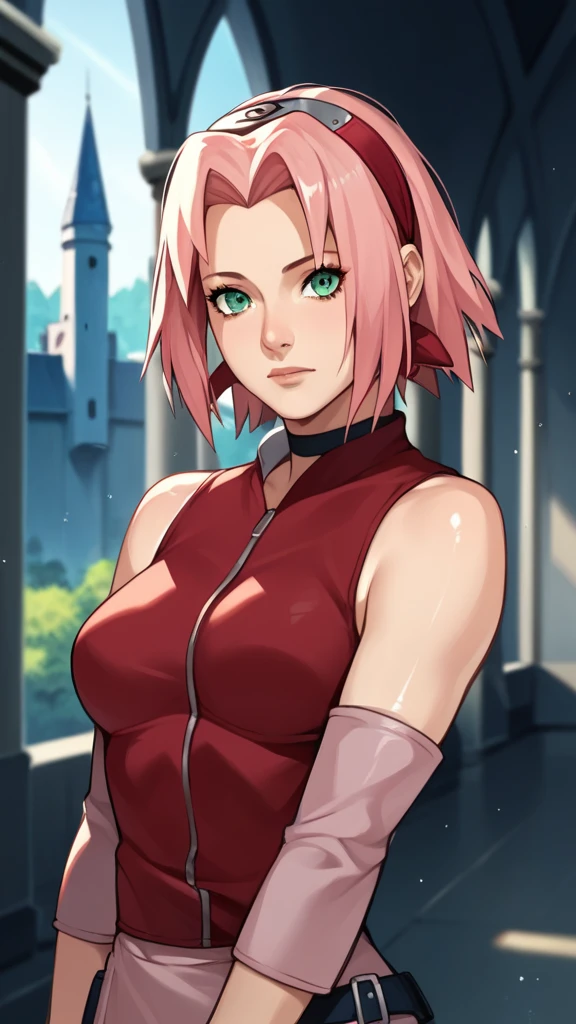 score_9,score_8_up,score_7_up,score_6_up,score_5_up,score_4_up BREAK skinny,choker,medium breasts,detached sleeves,outdoors,forest,shiny skin,bokeh,bloom,indoors,light particles,castle,space,1girl,haruno sakura,pink hair,short,hair,green eyes,forehead protector,