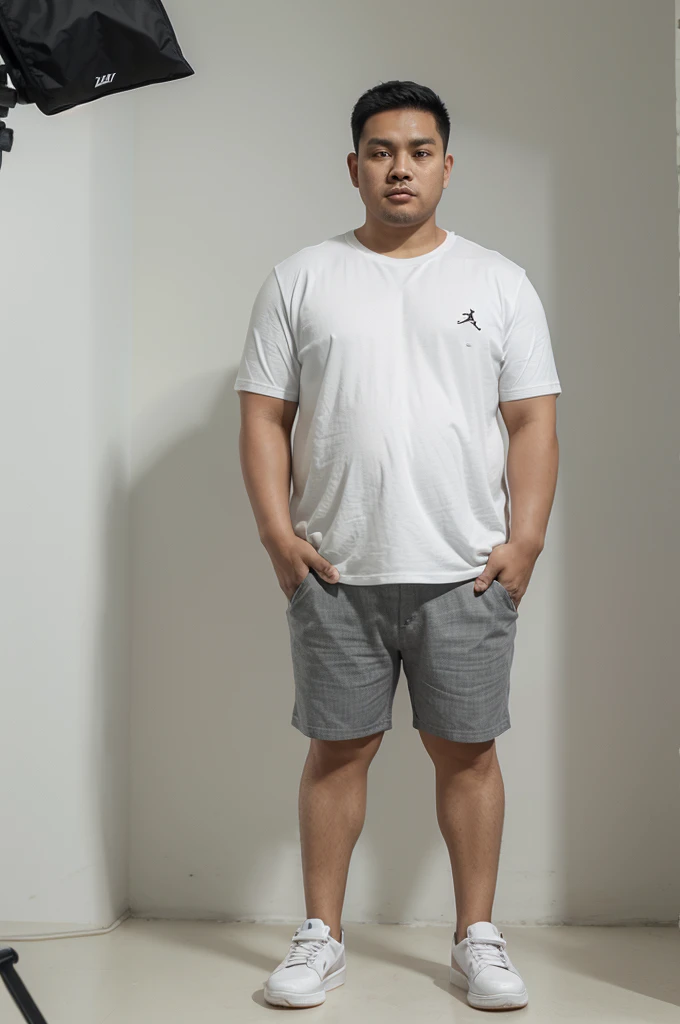 Realistic 4D caricature of an Indonesian man aged 30 yo, fat body, short hair, clean face, wear a shirt, wearing shorts, wearing Jordan air gray shoes, standing holding a black mirrorless camera, with a white gradient background