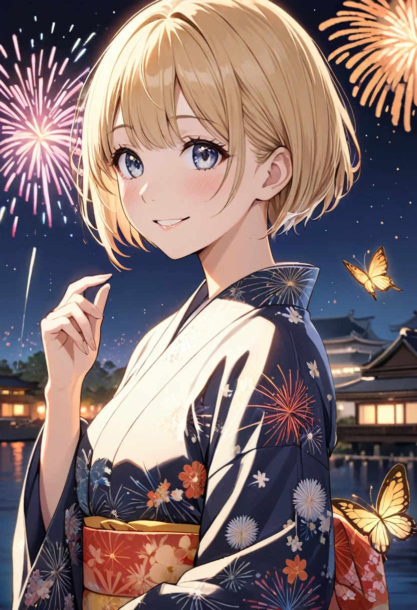 One girl, blonde short hair, wearing a Yukata with a butterfly pattern on a black base,She is watching Japanese HANABI,Hanabi is Japanese Fireworks,smile,(((masterpiece))), (((best quality))), ((ultra-detailed)), (illustration), (detailed light),((an extremely delicate and beautiful)),(beautiful detailed eyes),