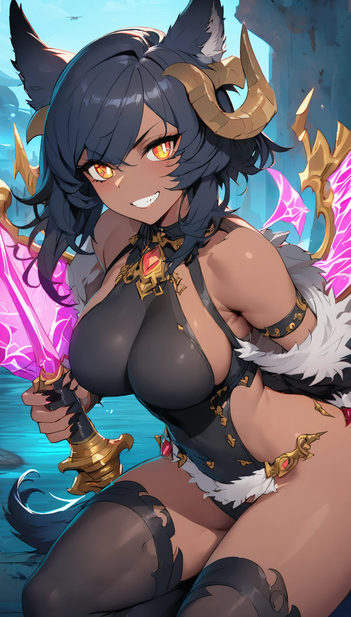 best quality,4k,8k, highres, masterpiece:1.2), ultra-detailed, extremely detailed eyes, extremely detailed body, (large masterpiece digital art), (detailed manga illustration), (detailed line art), ((perfect anatomy)), (intricate details:1.3), (ultra-detailed:1.3), (illustration:1.3), (sharp focus:1.3), (natural lighting:1.05), (vivid colors:1.3), (masterpiece), (best quality:1.4), (perfect anatomy:1.4), high quality, expressive eyes, full body, detailed face, beautiful face, perfect face, 1girl, ((dark skin)), animal ears, black sclera, smile, colored sclera, breasts, solo, monster girl, black hair, (wolf ears), large breasts, curvy, wide hips, long hair, ((gold eyes)), claws, grin, fur, looking at viewer, collar, ((dynamic action pose)), tail, (wolf tail), {(dragon horns)}, demon horns, wings, sadistic smile, hair over eye, {regal outfit}, tiny crown, blue fire, curvy, sexy dress, dark skin, cinematic lighting, dramatic atmosphere, Beautiful woman, dragon spear in hand, Jeff Bridges, ((cartoon style)), Marvel Cinematic Universe style, (((hell castle in the background))), soft bokeh of hellscape, Atey Ghailan, Jeremy Mann, Greg Manchess, Antonio Moro, trend in ArtStation, trend in CGSociety, Intricate, High Detail, Sharp focus, dramatic and photorealistic painting art by Midjourney and Greg Rutkowski,