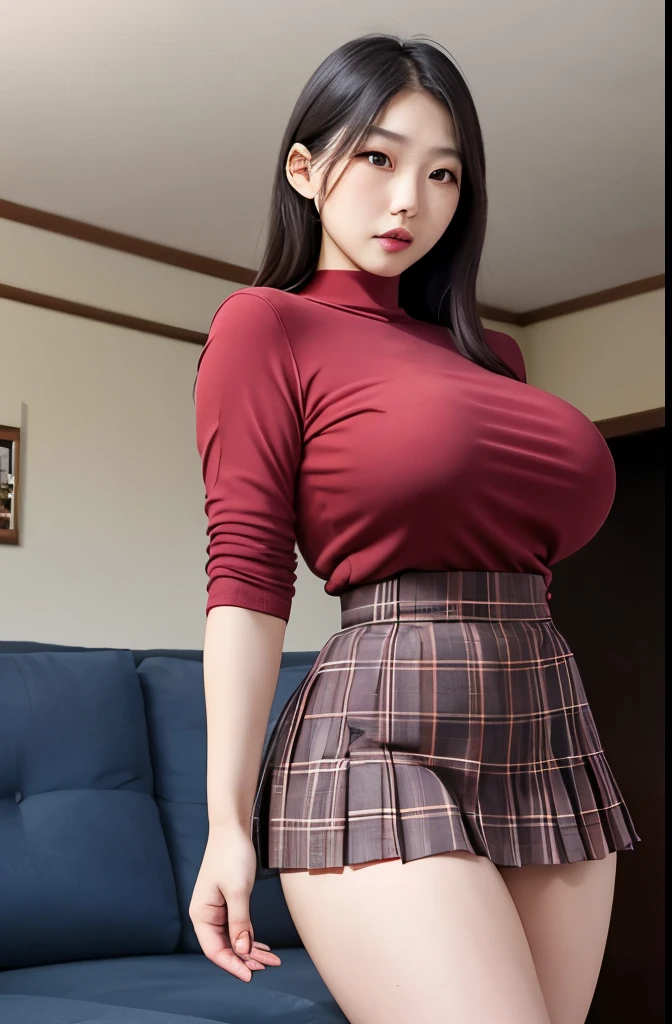 Beautiful, daughter-in-law, japanese, voluptuous, tight shirt, high waist pleated plaid skirt, in the living room, seductive expression