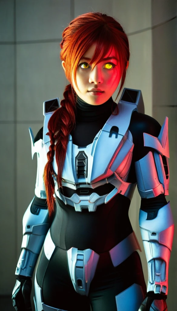 1 Girl、((glowing eyes, red eyes)), Medium Bust、solo、red Hair、Braid、Mobile Race Suit、Shoulder Armor、ceiling、Wide Shot、Looking Ahead、zipup suit 、Closed Mouth、Highest quality、medium quality、22 years old、Mobile Trace System、cockpit、Asian、CyborgCosplay
