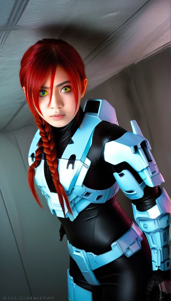 1 Girl、((glowing eyes, red eyes)), Medium Bust、solo、red Hair、Braid、Mobile Race Suit、Shoulder Armor、ceiling、Wide Shot、Looking Ahead、zipup suit 、Closed Mouth、Highest quality、medium quality、22 years old、Mobile Trace System、cockpit、Asian、CyborgCosplay