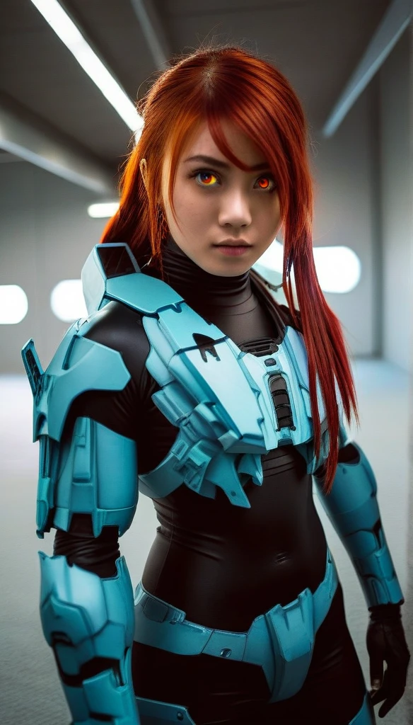 1 Girl、((glowing eyes, red eyes)), Medium Bust、solo、red Hair、Braid、Mobile Race Suit、Shoulder Armor、ceiling、Wide Shot、Looking Ahead、zipup suit 、Closed Mouth、Highest quality、medium quality、22 years old、Mobile Trace System、cockpit、Asian、CyborgCosplay