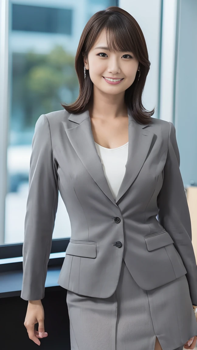masutepiece, Best Quality, Photorealsitic, finely detail, hight resolution,beautiful japanese woman,beautiful detailed eyes, beautiful detailed lips, extremely detailed face, small head, small areola, cinematic lighting, photorealistic, 8k, high quality, hyper detailed, look at me,smile,(office lady gray suits:1.4),(random location),(medium breasts:1.2),(inoueseika),slender,beautifull legs,(sexy posing:1.2), (bokeh:1.3), (upper body),(mini skirt),(tight fit:1.3)
