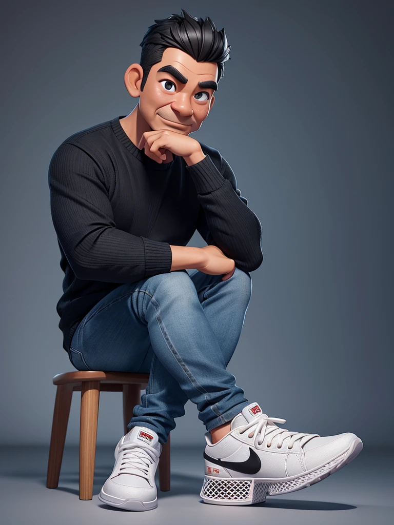 Realistic 4D caricature with a big head of an Indonesian man aged 40yo,thin body, wearing a sweater, jeans, sneakers, sitting with his hand on his chin, black and silver gradient background,Pixar style,3D rendering
