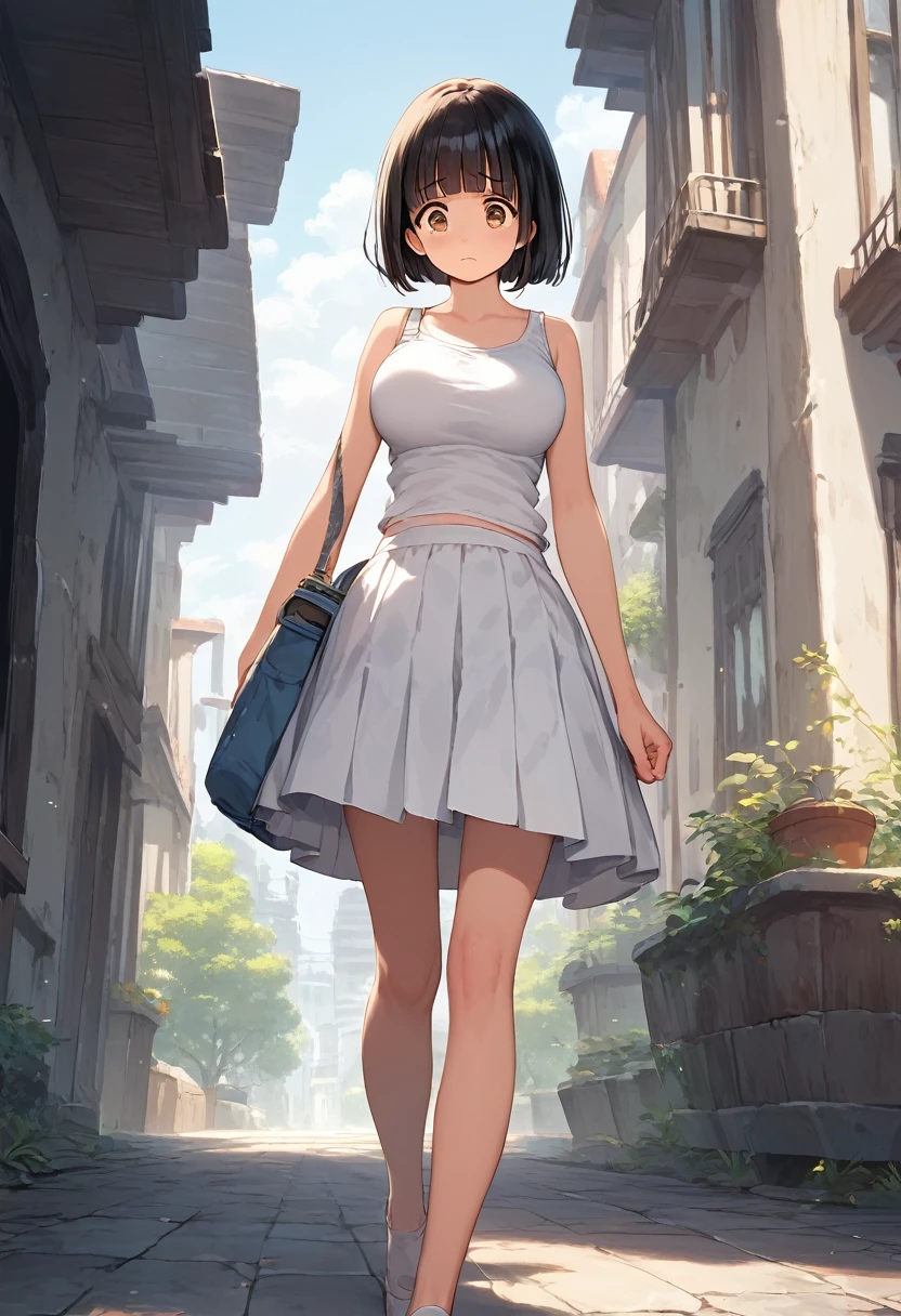 score_9,score_8_up,score_7_up,masterpiece,best quality, source anime, official art, super detailed, extreme detailed, rating_safe,
1girl, walking, test of courage, looking around,
BREAK girl, 22yo, short hair, bob cut, (blunt bangs), black hair, (tareme, detailed cute brown eyes), curled eyelashes, (large breasts:0.9),
shiny hair, beautiful detailed eyes, beautiful face,
white tank top, tight mini skirt,
(scared:1.3), frown,
indoors, Abandoned Building