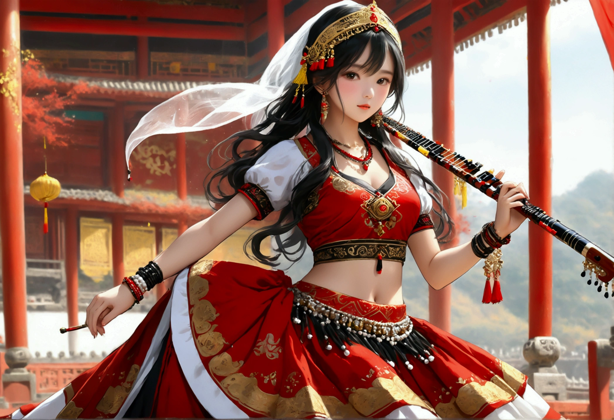 ((Panorama)), ((best quality)), ((masterpiece)), 1girl, (playing pipa, holding pipa, pipa), stand, ((XiYu_clothes)),(red/white/yellow/balck crop top),large breasts,((jewelry, bracelet, necklace, veil)),midriff,navel,(red/white/yellow/balck skirt), ((elaborate epic background))