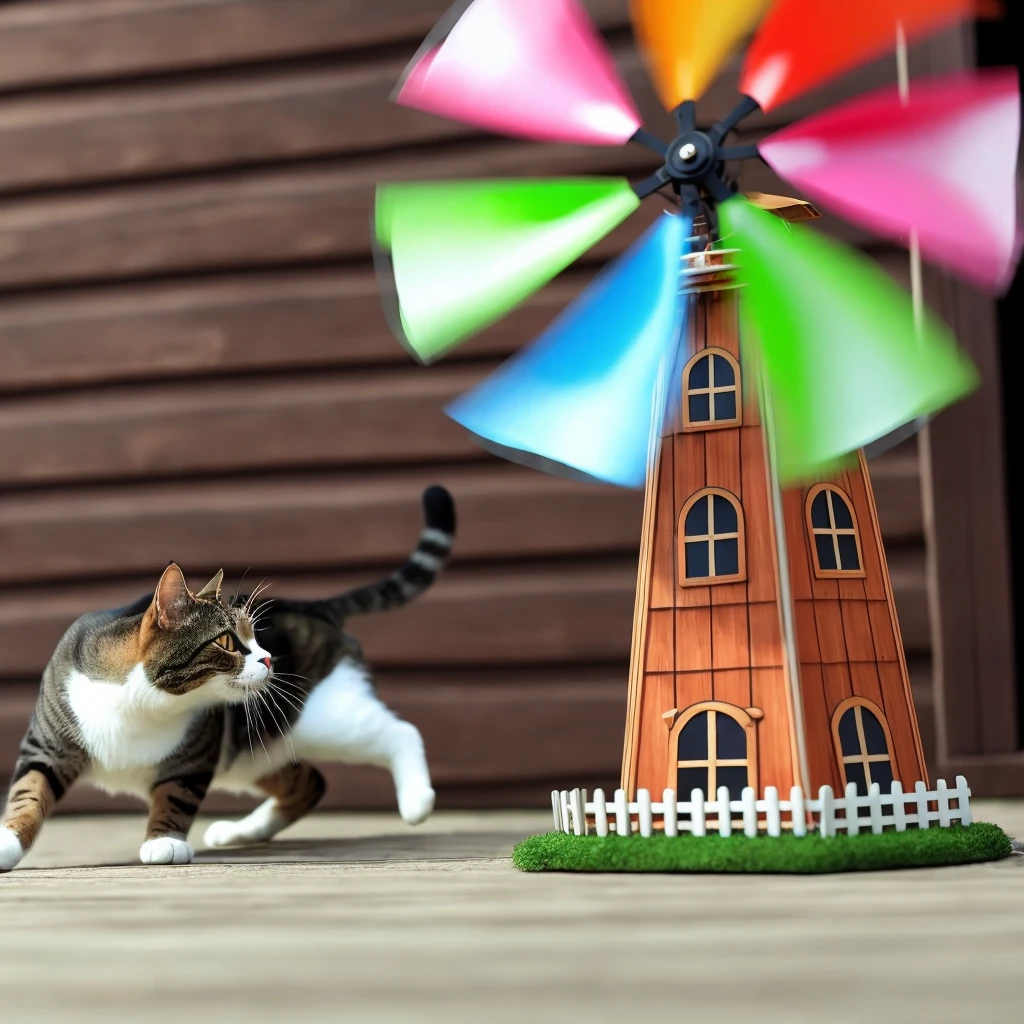 "A whimsical scene where a cat playfully interacts with a large, colorful windmill spinning in the breeze, creating a surreal blend of natural curiosity and vibrant motion."