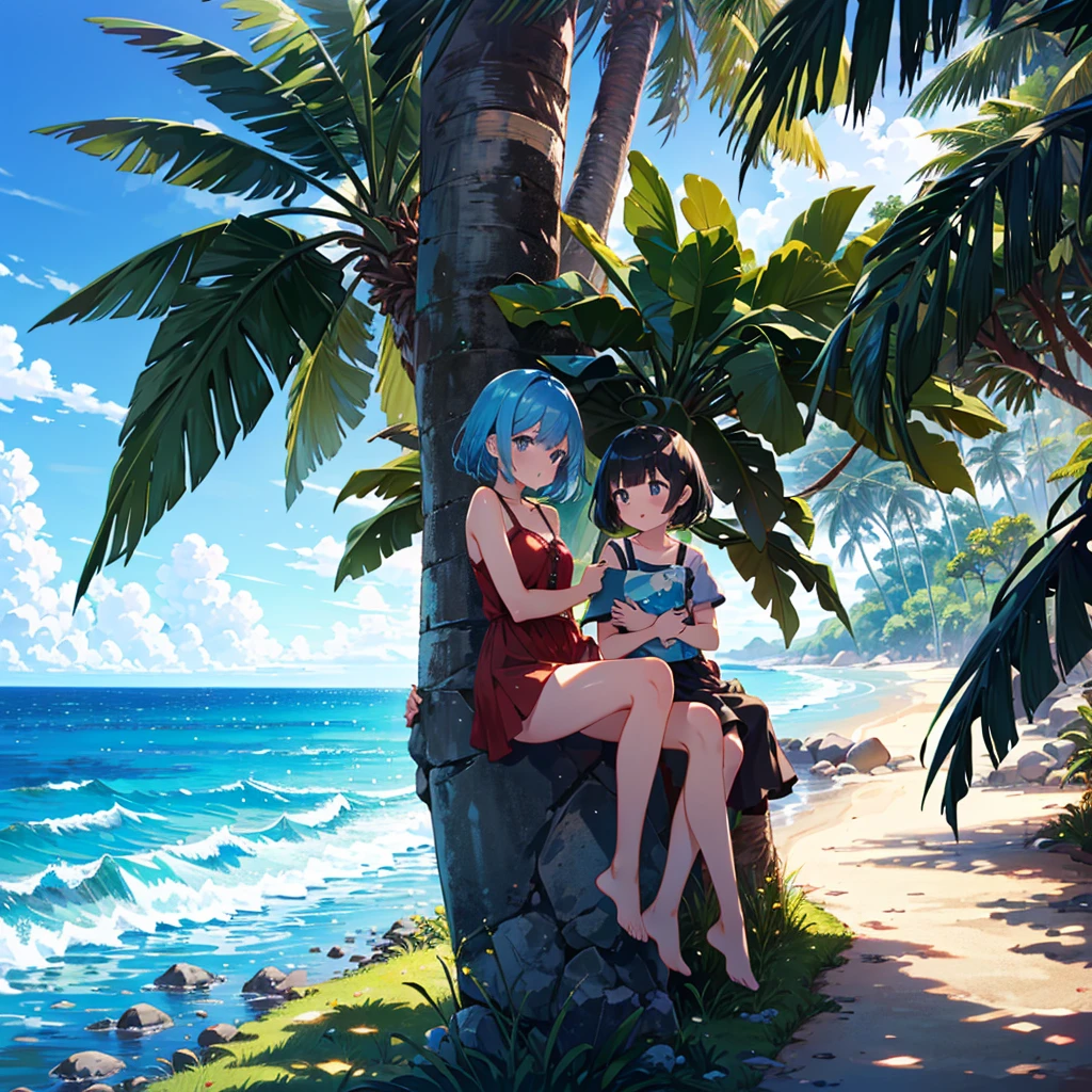 Masterpiece, top quality, high resolution background, bright and beautiful atmosphere, 3 girls (2 years old, 1 short-tempered round face), 1 (hair, surface effects), small breasts, climbing on the palm tree and on the ground A girl looking down on the ocean, the view of the tropical country, "deltamon_sdXL :0.73) >Deltamon"