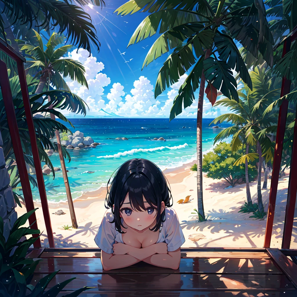 Masterpiece, top quality, high resolution background, bright and beautiful atmosphere, 3 girls (2 years old, 1 short-tempered round face), 1  (hair, surface effects), small breasts, climbing on the palm tree and on the ground A girl looking down on the ocean, the view of the tropical country, "deltamon_sdXL :0.73) >Deltamon"
