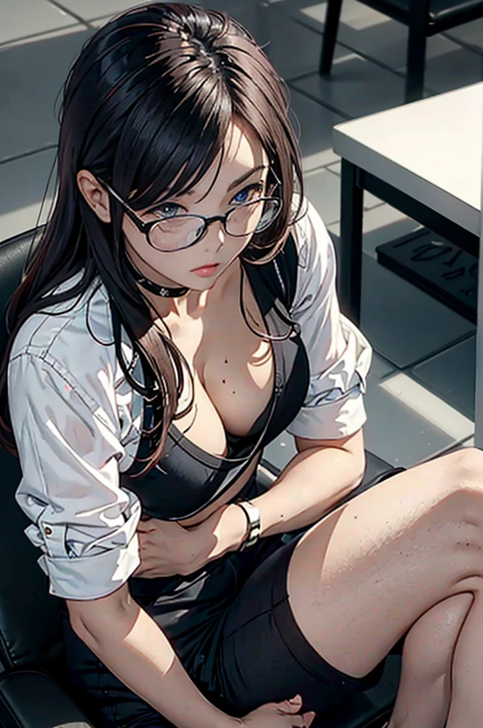 There is a woman sitting on the floor with her legs crossed..., Wearing glasses, Wearing square glasses, Young Sensual Gravure Idol, Provocative,((Beautiful Skin)),((Skin Texture)),((Real Touch)), healthy, unreddish skin, 