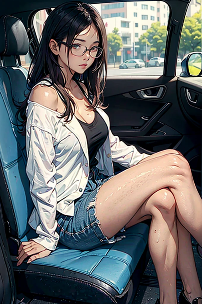 There is a woman sitting on the floor with her legs crossed..., Wearing glasses, Wearing square glasses, Young Sensual Gravure Idol, Provocative,((Beautiful Skin)),((Skin Texture)),((Real Touch)), healthy, unreddish skin,