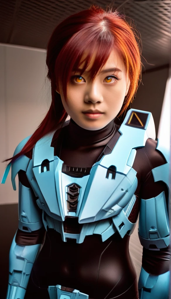 1 Girl、((glowing eyes, red eyes)), Medium Bust、solo、red Hair、Braid、Mobile Race Suit、Shoulder Armor、ceiling、Wide Shot、Looking Ahead、zipup suit 、Closed Mouth、Highest quality、medium quality、22 years old、Mobile Trace System、cockpit、Asian、CyborgCosplay