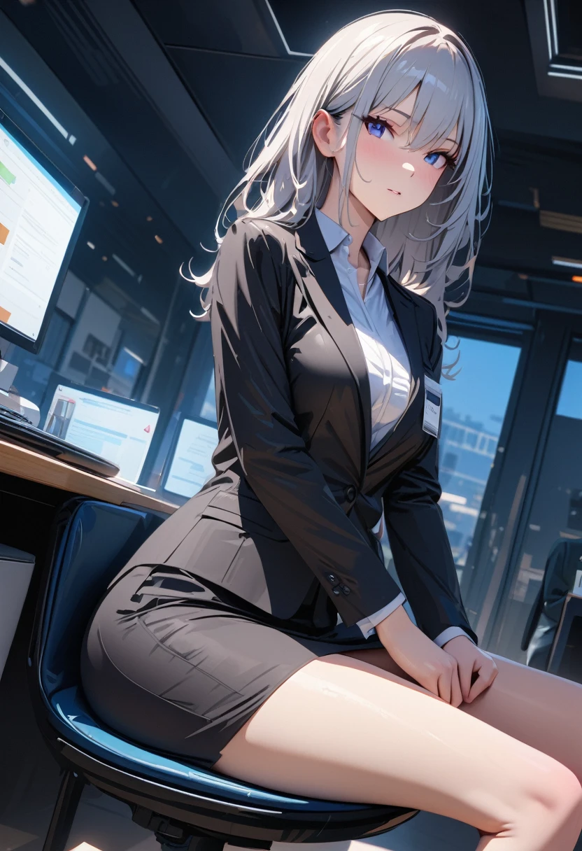 modern, Verism, masterpiece, ((super detail:1.3)), best quality, 4K , A beautiful woman, (((Ultra-slender))), ((Clothing of office workers)),Knee-length narrow skirt,Jacket,White shirt,Sitting in a chair