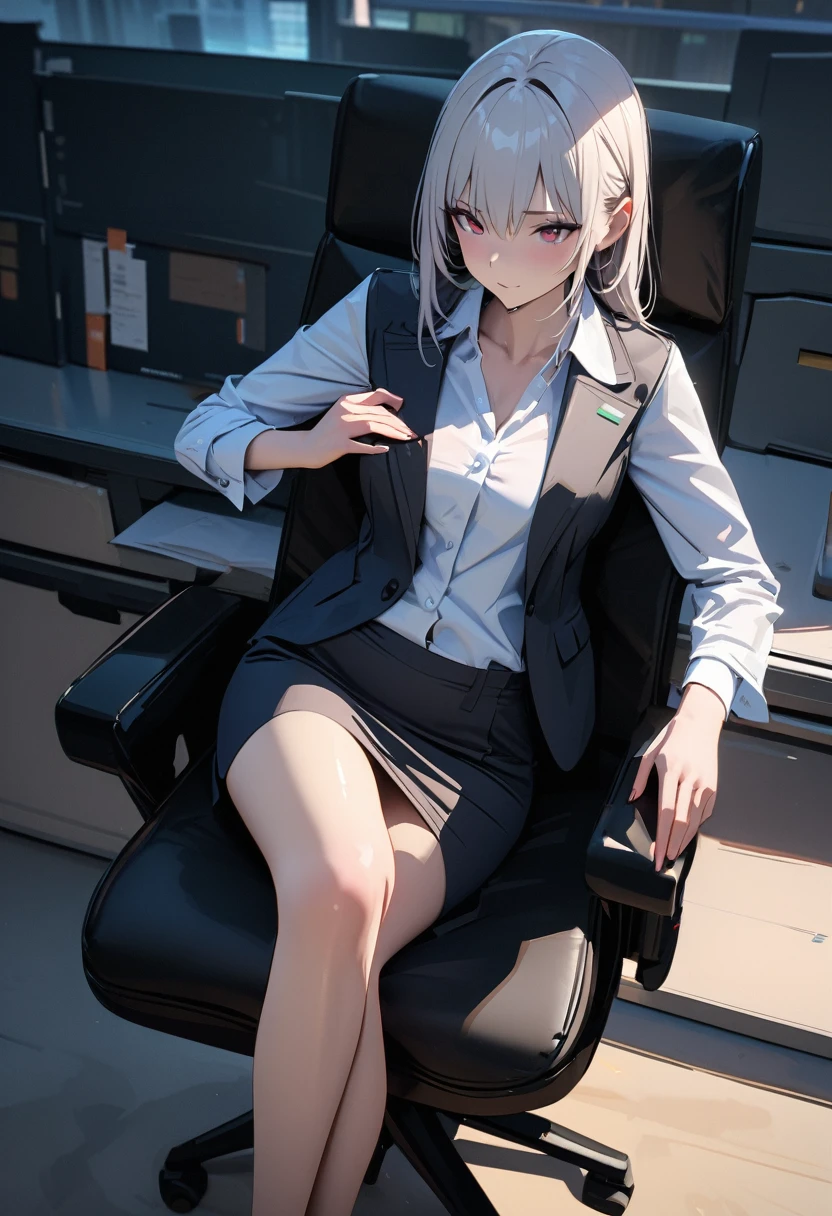 modern, Verism, masterpiece, ((super detail:1.3)), best quality, 4K , A beautiful woman, (((Ultra-slender))), ((Clothing of office workers)),Knee-length narrow skirt,Jacket,White shirt,Sitting in a chair