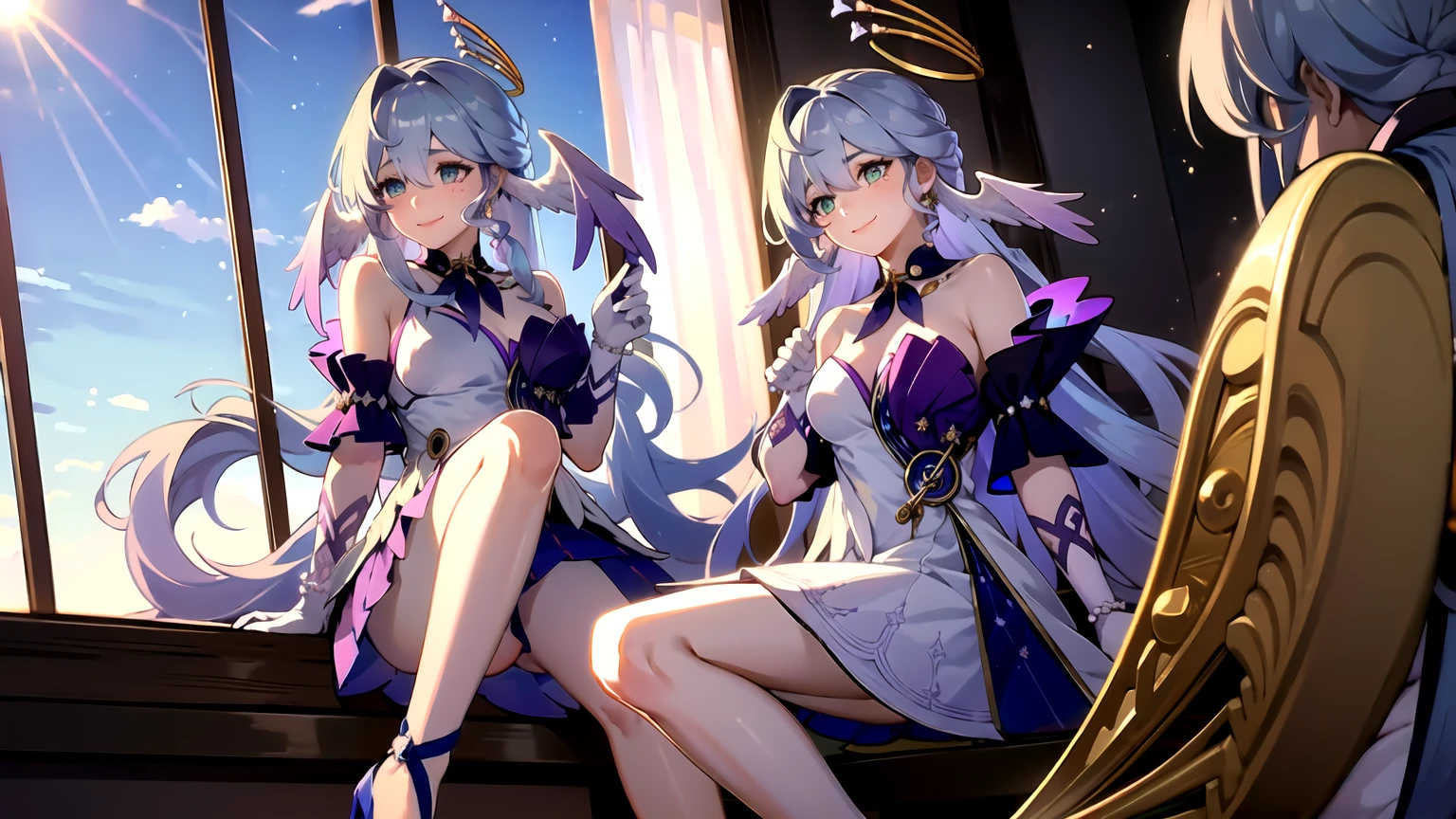 1girl, robin, halo, head wings, white gloves, pearl bracelet, high heels, white scarf, sailor collar, sitting on bed, indoor, window, blue sky, smile, closed mouth,