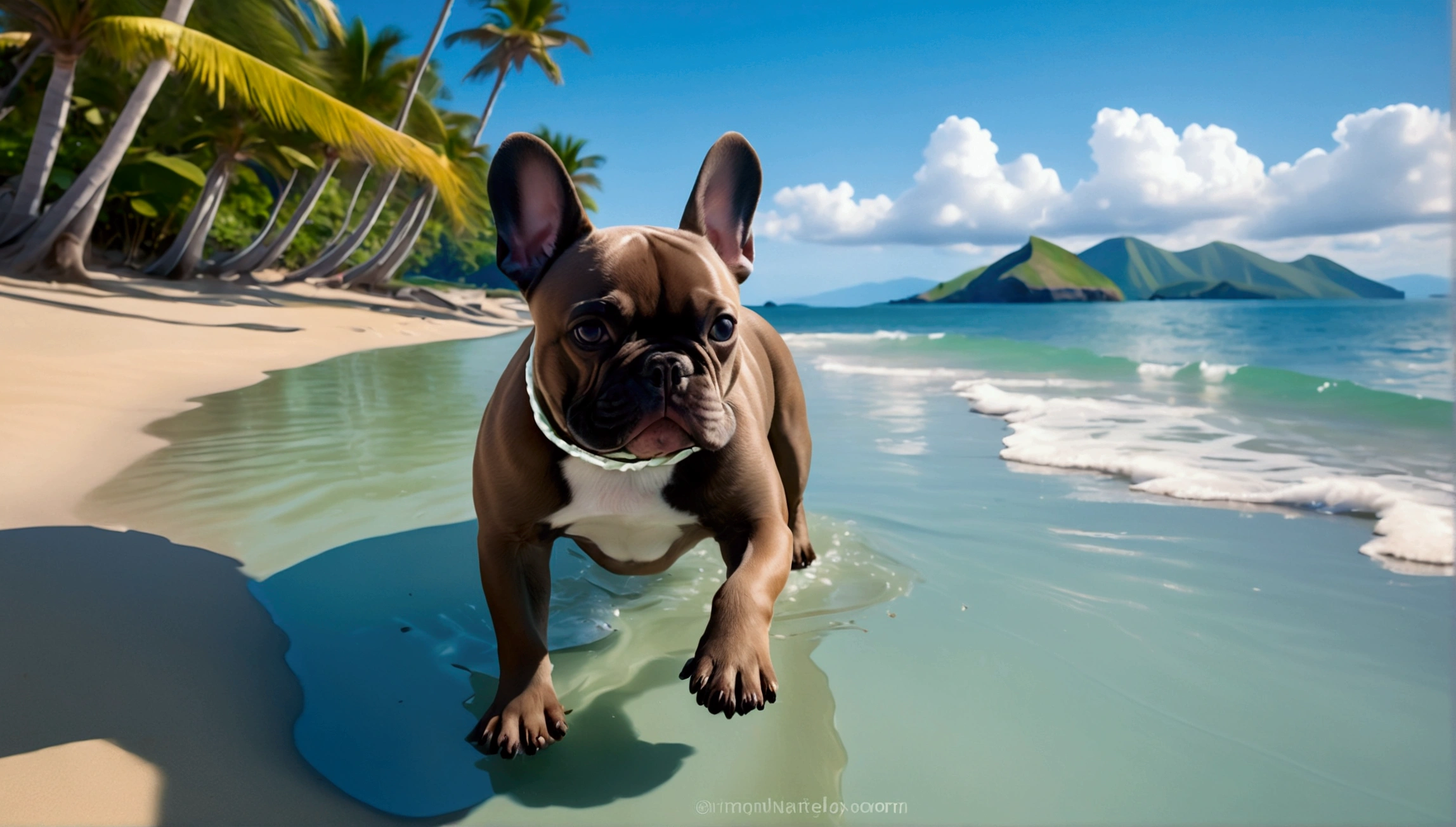 French bulldog running along the beach In a Ghibli-style, dreamy color palette reminiscent of "Spirited Away" and "Howl's Moving Castle," a small, adorable brown tabby kitten became very fond of grandma, and they continued to spend their days together, napping together in bed.