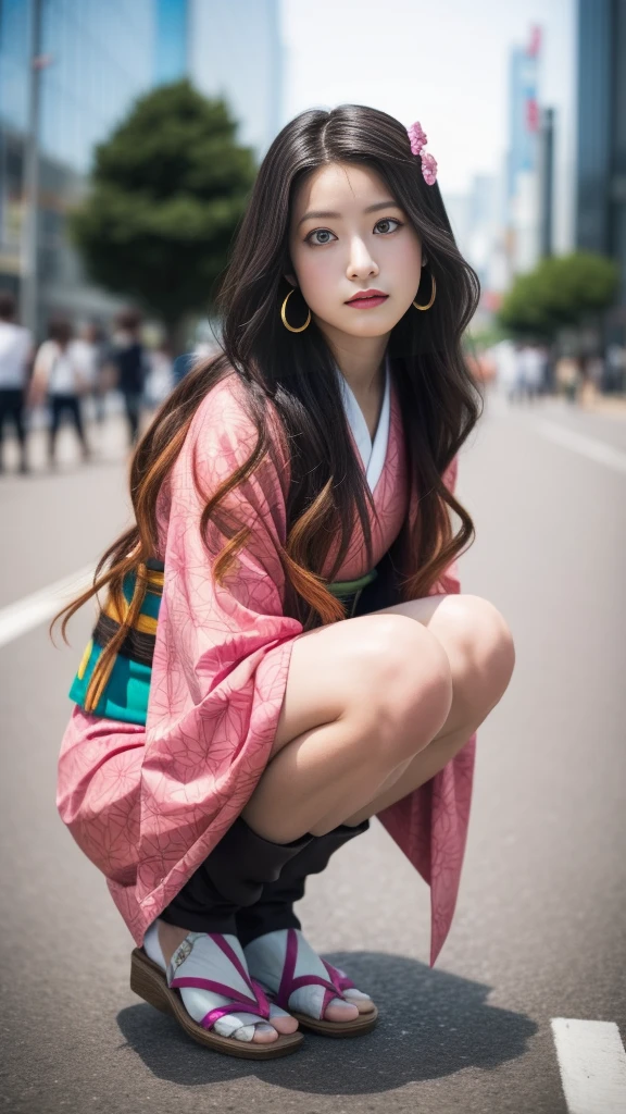 Cute Japanese female, (16 years old), (very cute face), white moist skin, looking at camera, melancholy expression,
BREAK,
Idol,
BREAK,
(wearing cute kimono: 1.3), (highly revealing kimono), very large earrings, short length,
BREAK,
(fighting pose: 1.3),
BREAK,
(long hair), (pink hair: 1.2), (wavy hair), (gradient hair: 1.3), (red hair at the ends),
BREAK,
(realistic: 1.3), masterpiece, perfect lighting, (ultra-high resolution), (8K), (highly detailed: 1.4), (from the front), (full body: 1.4), (symmetrical: 1.2),
BREAK,
(Shibuya city in Japan: 1.2),
BREAK,
(Demon Slayer: 1.4),
BREAK,
(Imada Mio: 1.4),