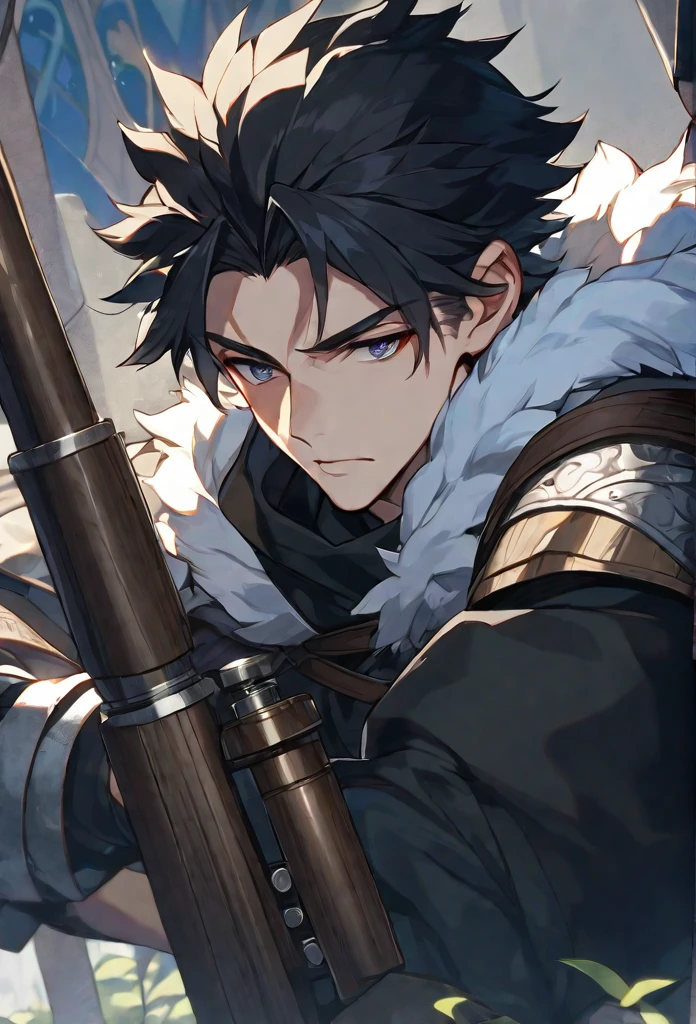 alone, 1 male, Short black hair, eyes are a little red, Black Shirt,middle ages、white fur hood, Sniper