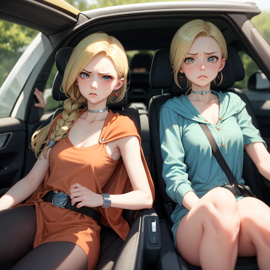 masterpiece, Highest quality, DQ Bianca, 1 person, Single Blade, Earrings, choker, Orange Cape, Green Dress, belt, Small , 1 personで, Driving a car, Upper Body, hot, Sweating a lot, Wipe away sweat, looking at the camera, angry